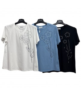 T-shirt Fiore Strass D1080 - Encaty Maglieria e t-shirt donna ECD1080