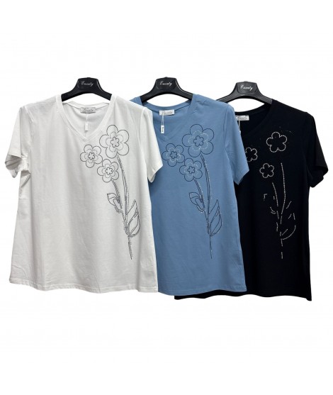T-shirt Fiore Strass D1080 - Encaty Maglieria e t-shirt donna ECD1080