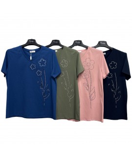 T-shirt Fiore Strass D1080 - Encaty Maglieria e t-shirt donna ECD1080